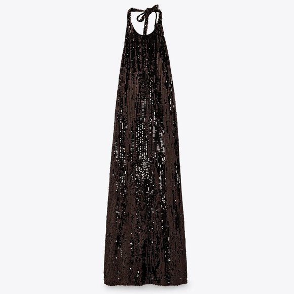 Zara rich brown sequin halter long dress, S - Picture 5 of 12
